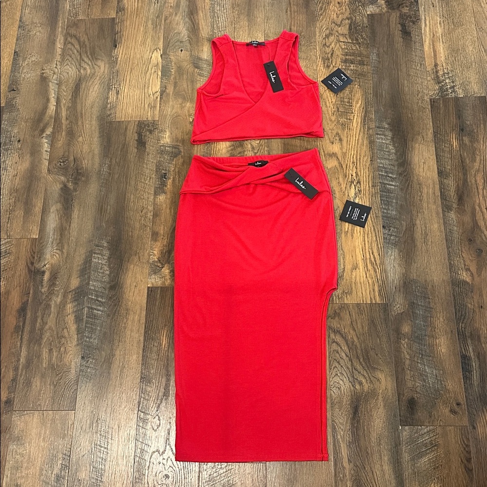 NWT! Lulus Make My Move Red Ribbed Twist-front Two-piece Midi Dress
